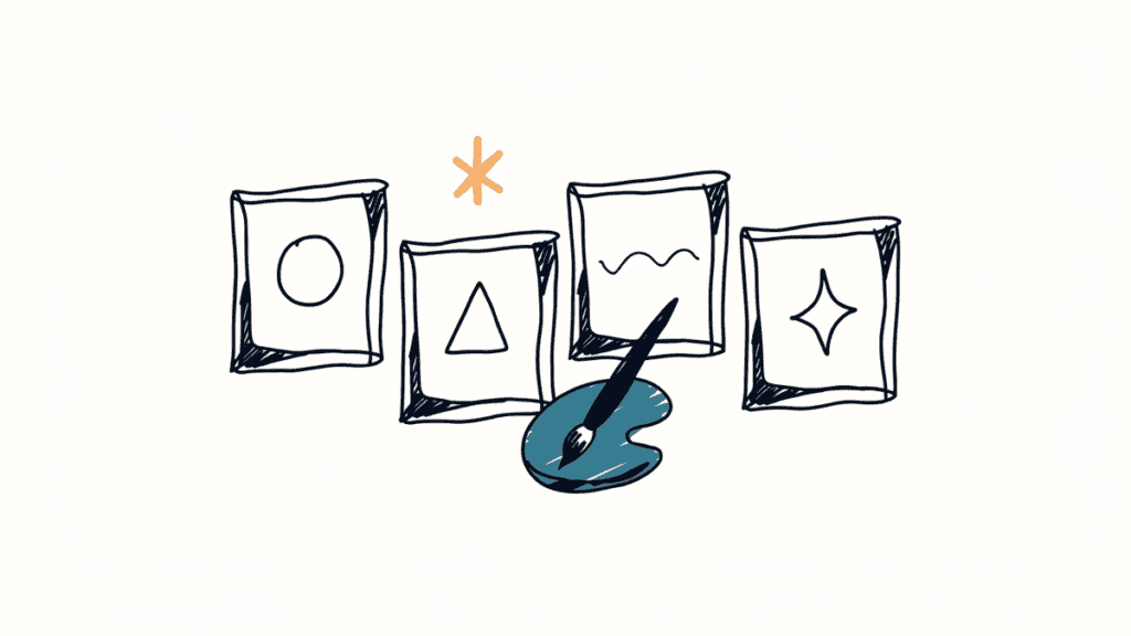 Marker doodle of four picture frames each holding a different shape, with an artist's palette and brush in front