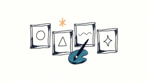 Marker doodle of four picture frames each holding a different shape, with an artist's palette and brush in front