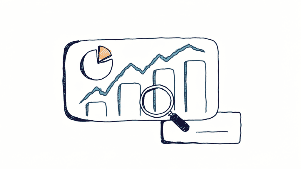 Marker doodle of a dashboard with rising bars, a trend line, a pie chart and a magnifying glass
