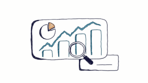 Marker doodle of a dashboard with rising bars, a trend line, a pie chart and a magnifying glass