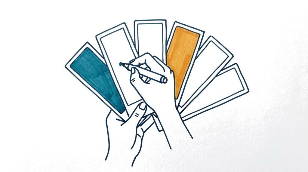 Marker doodle of one hand holding a fan of colour swatch cards while the other marks a swatch with a pen