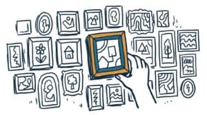 Marker doodle of a hand lifting one teal and amber frame forward out of a wall of plain picture frames