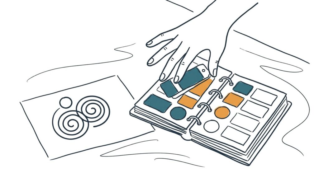 Marker doodle of a hand arranging teal and amber color swatches in a binder beside a logo sketch