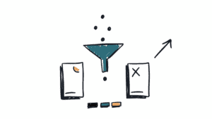Marker doodle of a funnel with dots falling in, two pages marked with a tick and a cross, and a rising arrow