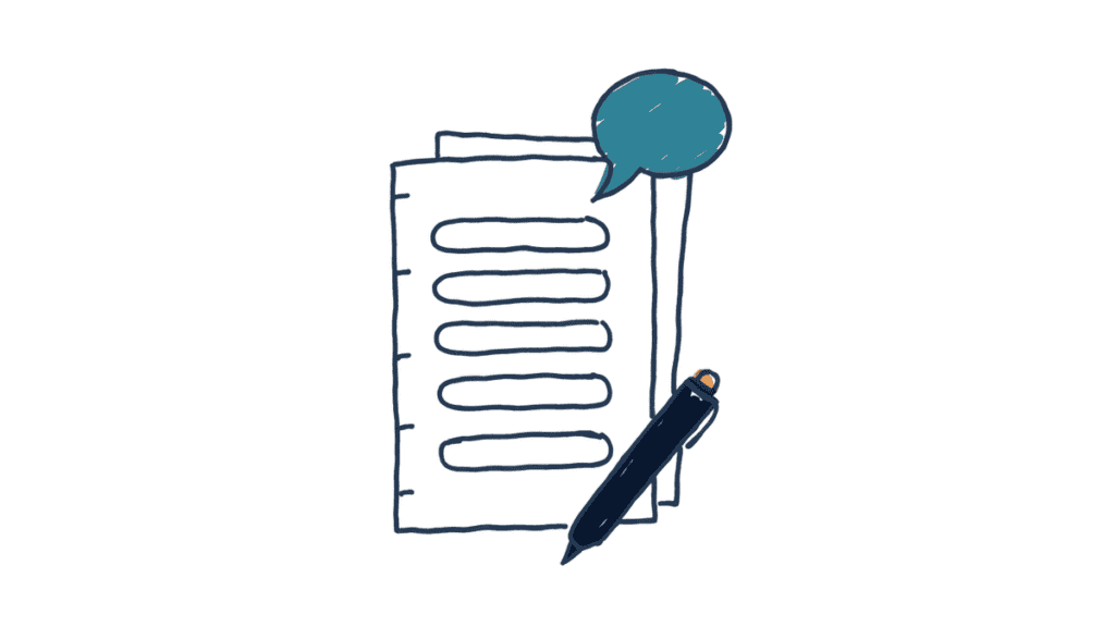 Marker doodle of a form with empty input boxes, a speech bubble and a pen