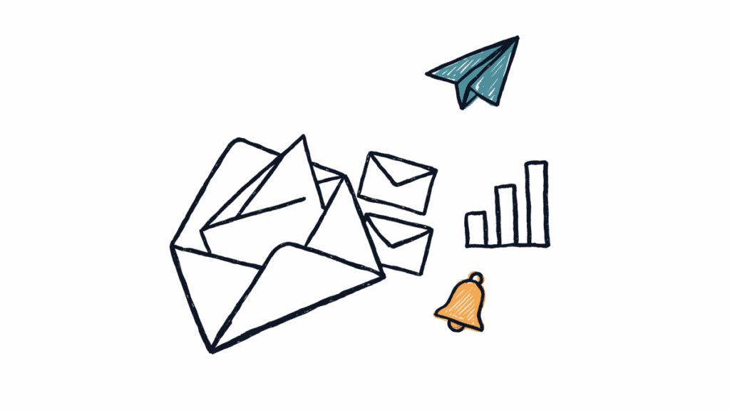 Marker doodle of envelopes with a paper plane flying away, a bell and a rising bar chart