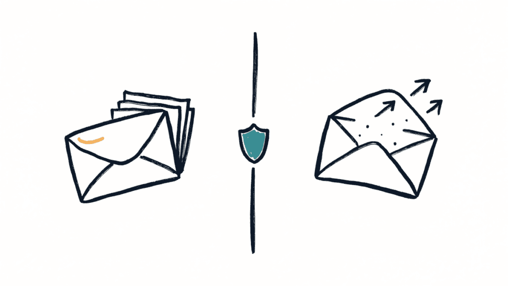 Marker doodle of two envelopes divided by a line with a shield between them, one sealed and one open with arrows flying out
