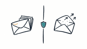 Marker doodle of two envelopes divided by a line with a shield between them, one sealed and one open with arrows flying out