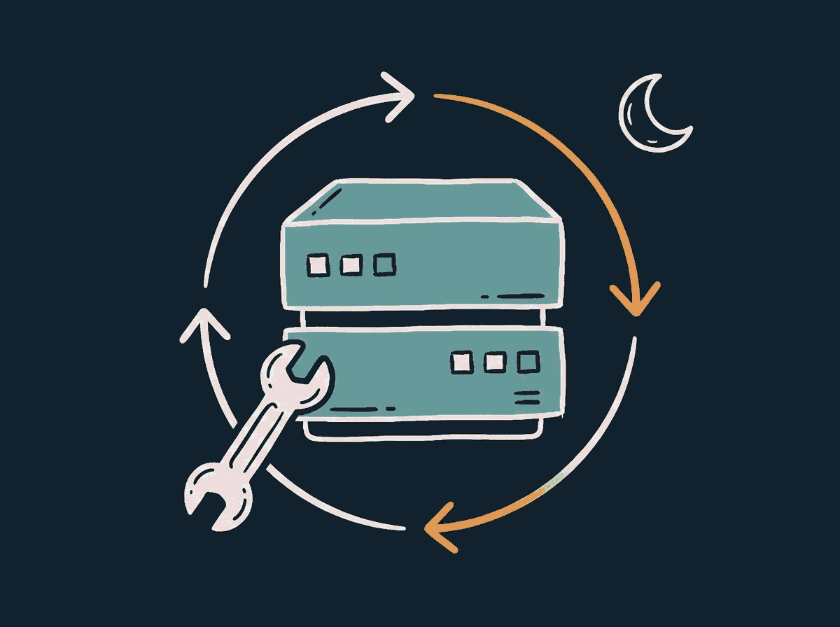 server stack with update cycle arrows, wrench, and night moon illustration