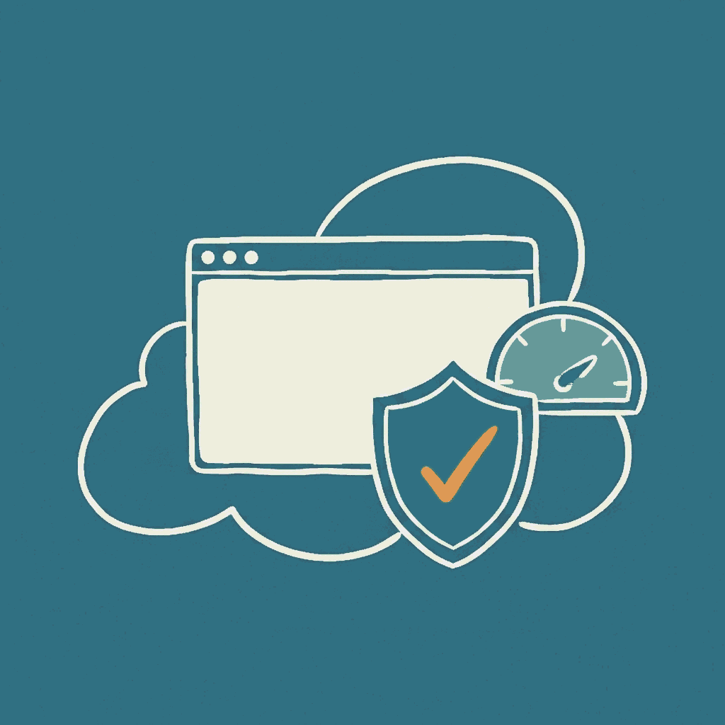 website in a cloud with security shield and speed gauge illustration