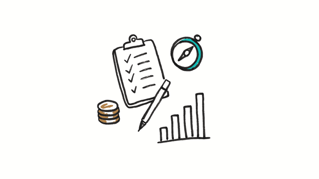 Marker doodle of a clipboard checklist with ticks, a compass, a stack of coins and a rising bar chart