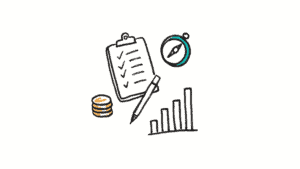 Marker doodle of a clipboard checklist with ticks, a compass, a stack of coins and a rising bar chart