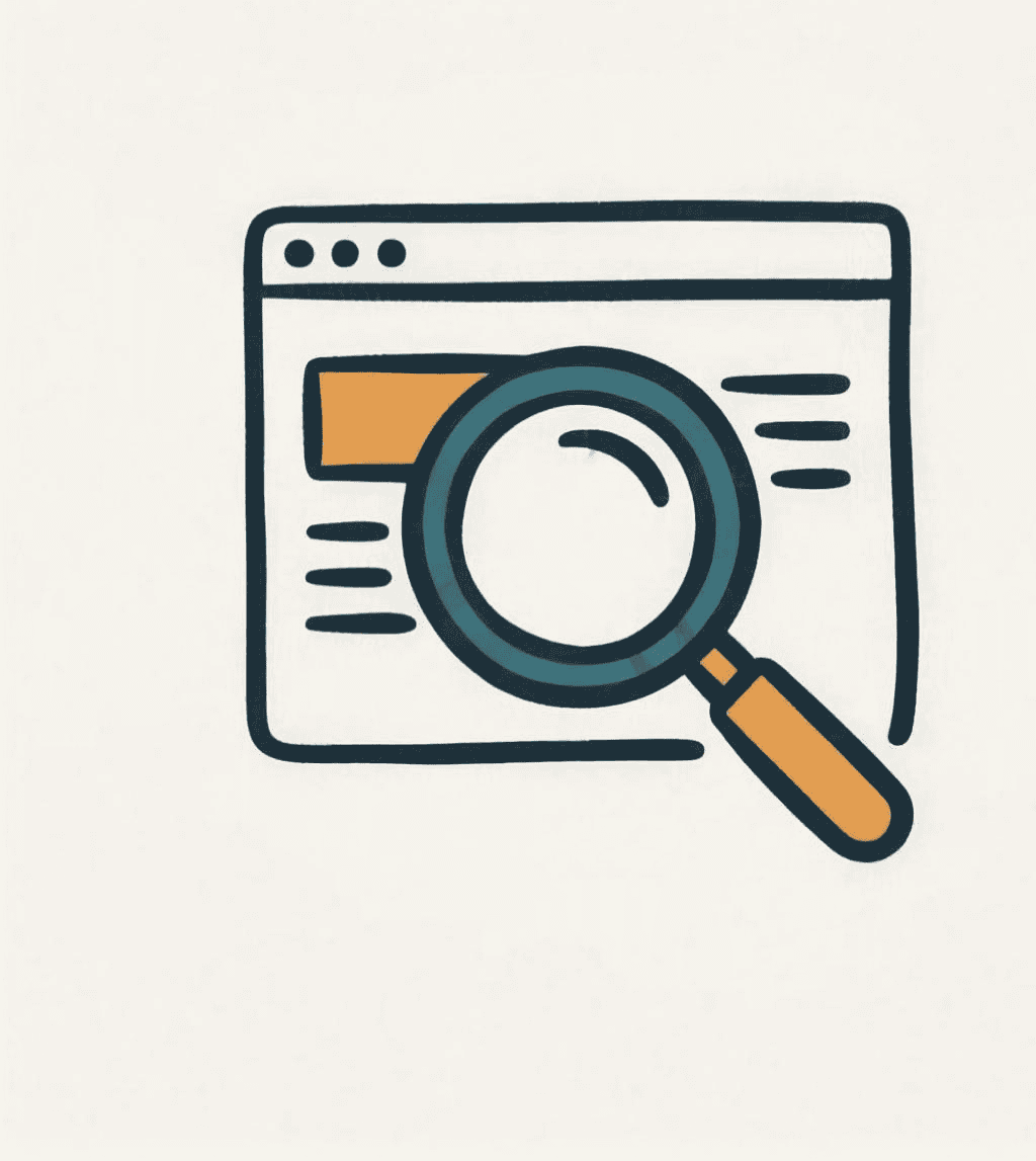 Marker-doodle icon of a browser window with a magnifying glass