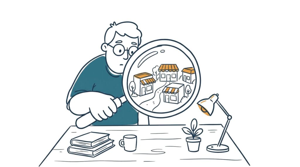 Marker doodle of a person studying a small town of storefronts through a large magnifying glass