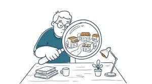 Marker doodle of a person studying a small town of storefronts through a large magnifying glass