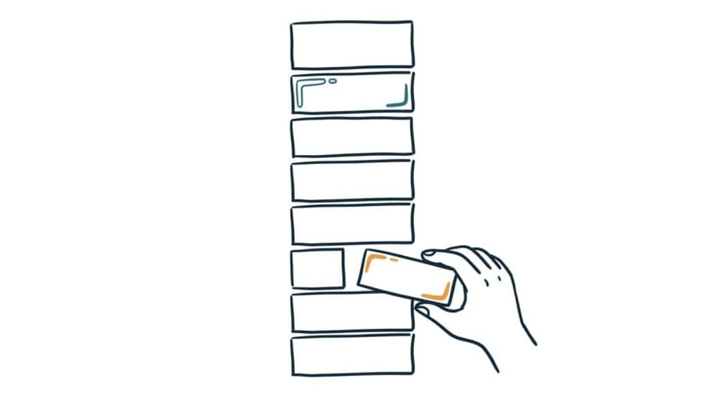 Marker doodle of a hand fitting an amber-accented block into a tall stack of page sections
