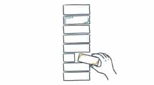 Marker doodle of a hand fitting an amber-accented block into a tall stack of page sections