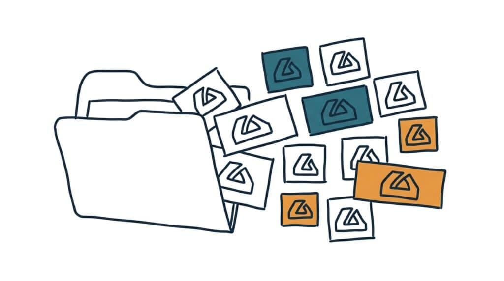 Marker doodle of a folder spilling out the same logo in square and wide versions on white, teal, and amber backgrounds