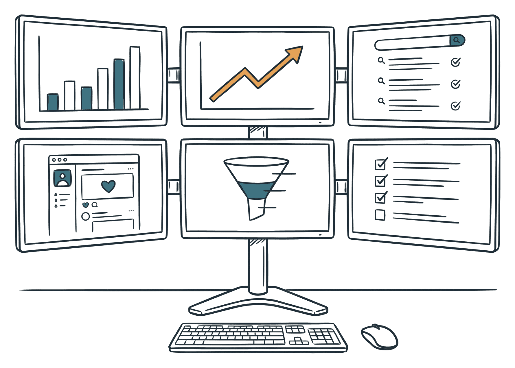 A six-screen marketing dashboard rig on one shared stand