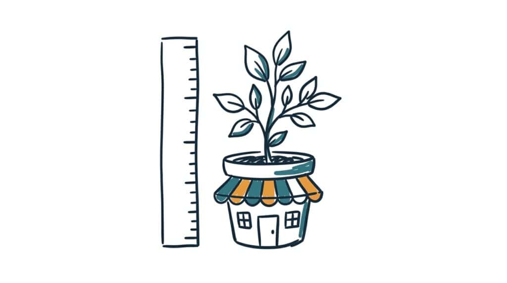 Marker doodle of a ruler standing beside a young plant growing out of a pot shaped like a small shop