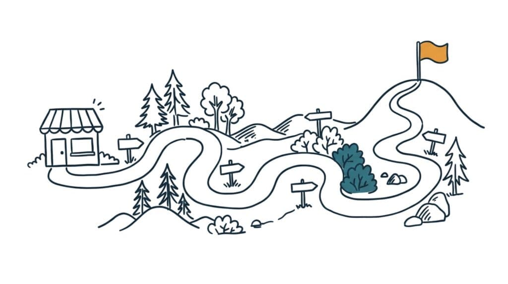 Marker doodle of a winding path leading from a small storefront past signposts to a flag on a hilltop