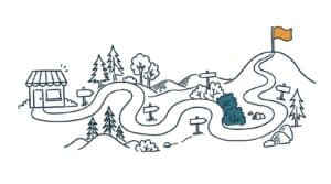 Marker doodle of a winding path leading from a small storefront past signposts to a flag on a hilltop