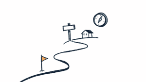 Marker doodle of a winding path with a signpost, a small building, a compass and a flag at the end
