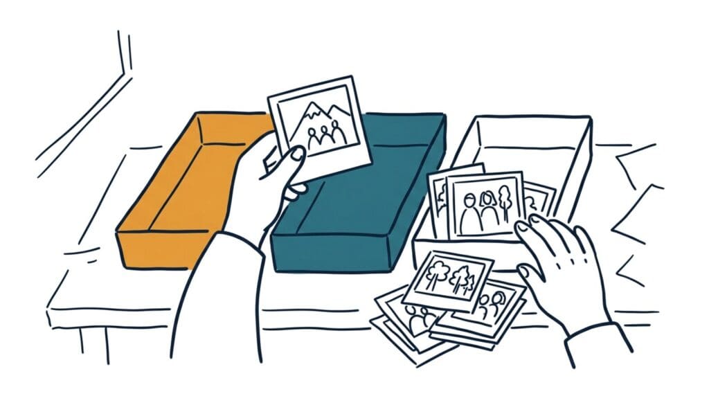 Marker doodle of two hands sorting loose photo prints into coloured trays, one print held up to the light