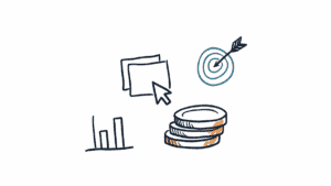 Marker doodle of ad banners with a cursor, a stack of coins, a target with an arrow and a rising bar chart