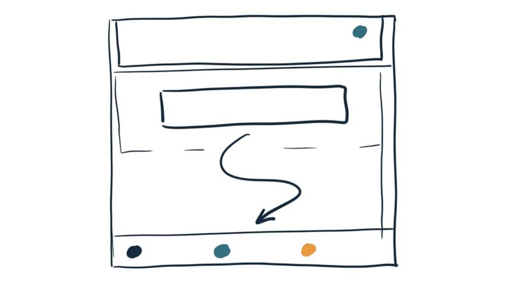 Marker doodle of a simple webpage wireframe with a large empty button and a curving arrow tracing the eye down the page