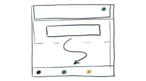 Marker doodle of a simple webpage wireframe with a large empty button and a curving arrow tracing the eye down the page