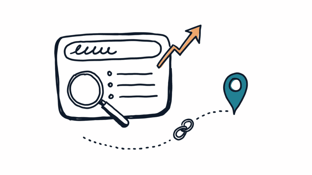 Marker doodle of a search results window with a magnifying glass, a trending arrow and a dotted path leading to a map pin