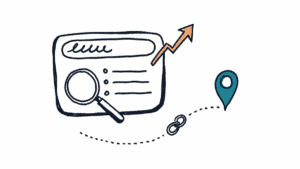 Marker doodle of a search results window with a magnifying glass, a trending arrow and a dotted path leading to a map pin