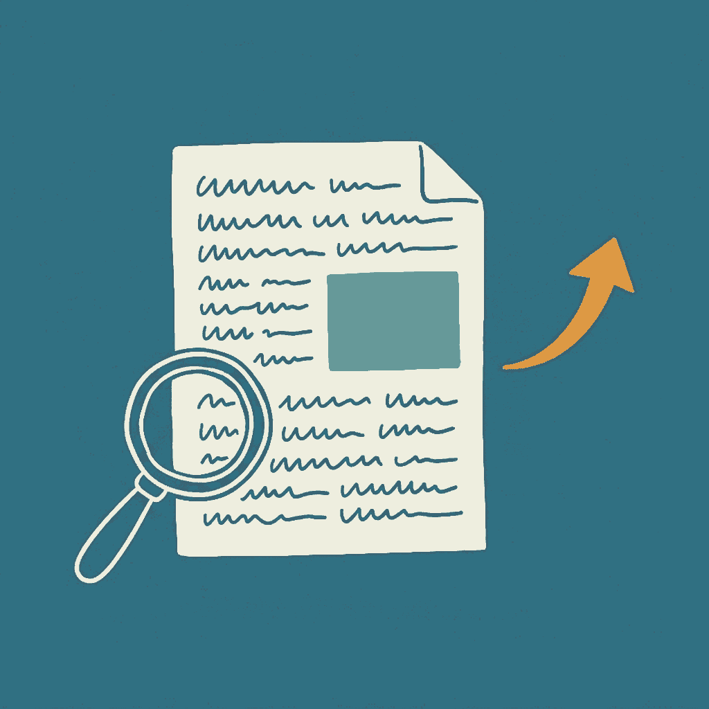 article page with magnifying glass and rising arrow illustration