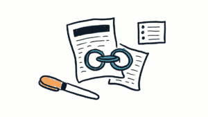Marker doodle of an SEO writing guidelines document with linked chain rings, a bulleted checklist and a marker pen