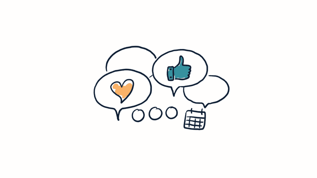 Marker doodle of overlapping speech bubbles with a heart and a thumbs-up, profile circles and a calendar