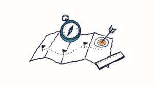 Marker doodle of an open map with a dotted route, a compass, flag markers, a ruler and a target with an arrow in it