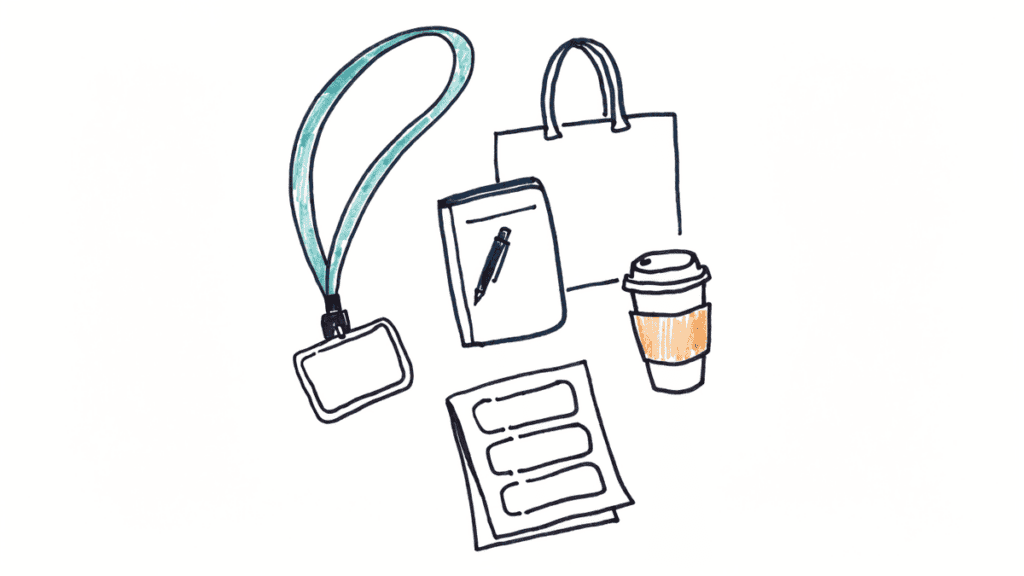 Marker doodle of a conference lanyard and badge, a notebook, a coffee cup, a schedule and a tote bag