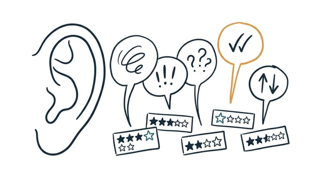 Marker doodle of a large ear turned toward speech bubbles rising from a scatter of star-rating cards
