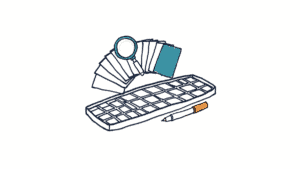 Marker doodle of a type tray with a fan of blank specimen cards, a magnifying glass and a marker pen