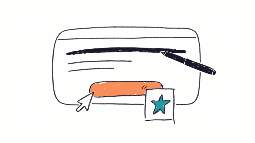 Marker doodle of a webpage with a headline, an amber button, a cursor and a review card with a star