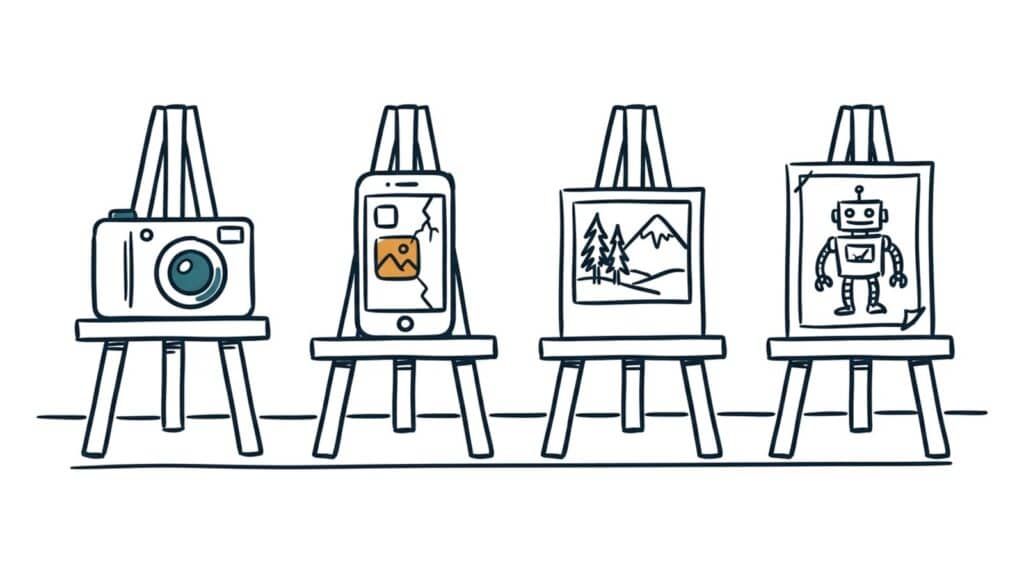 Marker doodle of four easels in a row holding a camera, a phone, a printed landscape photo, and a robot drawing