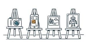 Marker doodle of four easels in a row holding a camera, a phone, a printed landscape photo, and a robot drawing